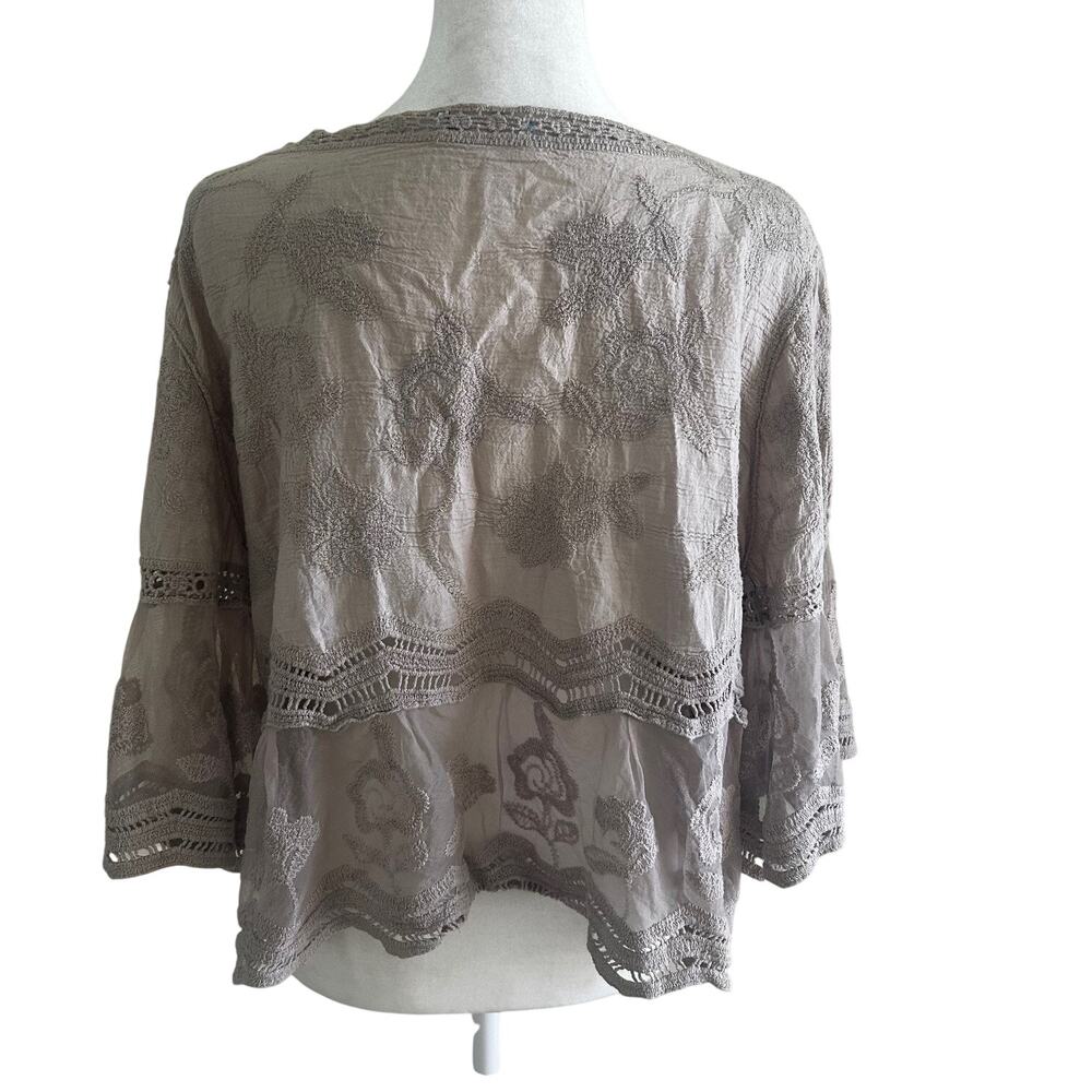Womens Boho Lace Blouse Sheer Embroidered Cropped Lagenlook Romantic Flowy - Picture 5 of 9